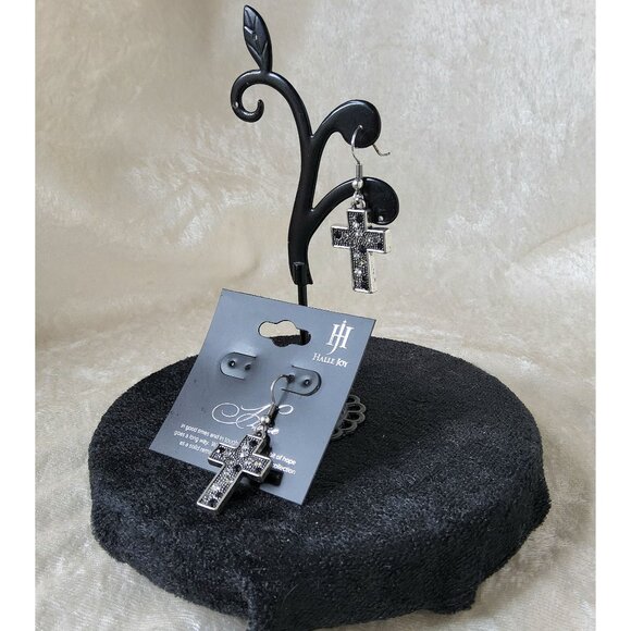 new womans halle joy black/clear studded devotion cross dangle, drop hoop earrin - Picture 2 of 5